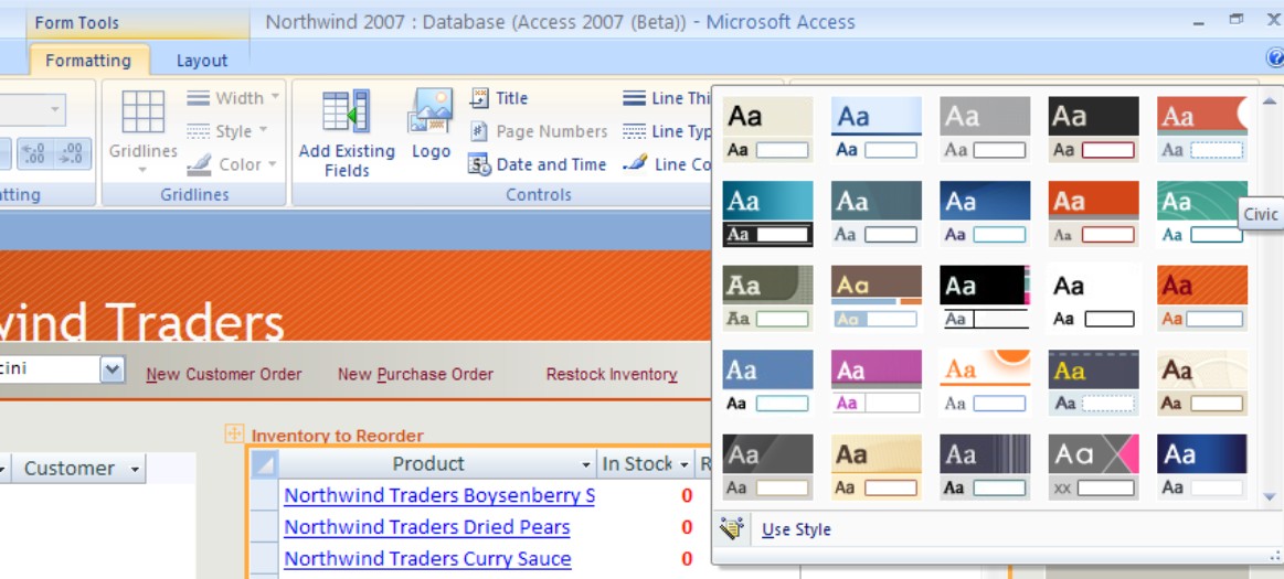 Access 2007 comes with a wide variety of built-in color and font styles for forms and reports.